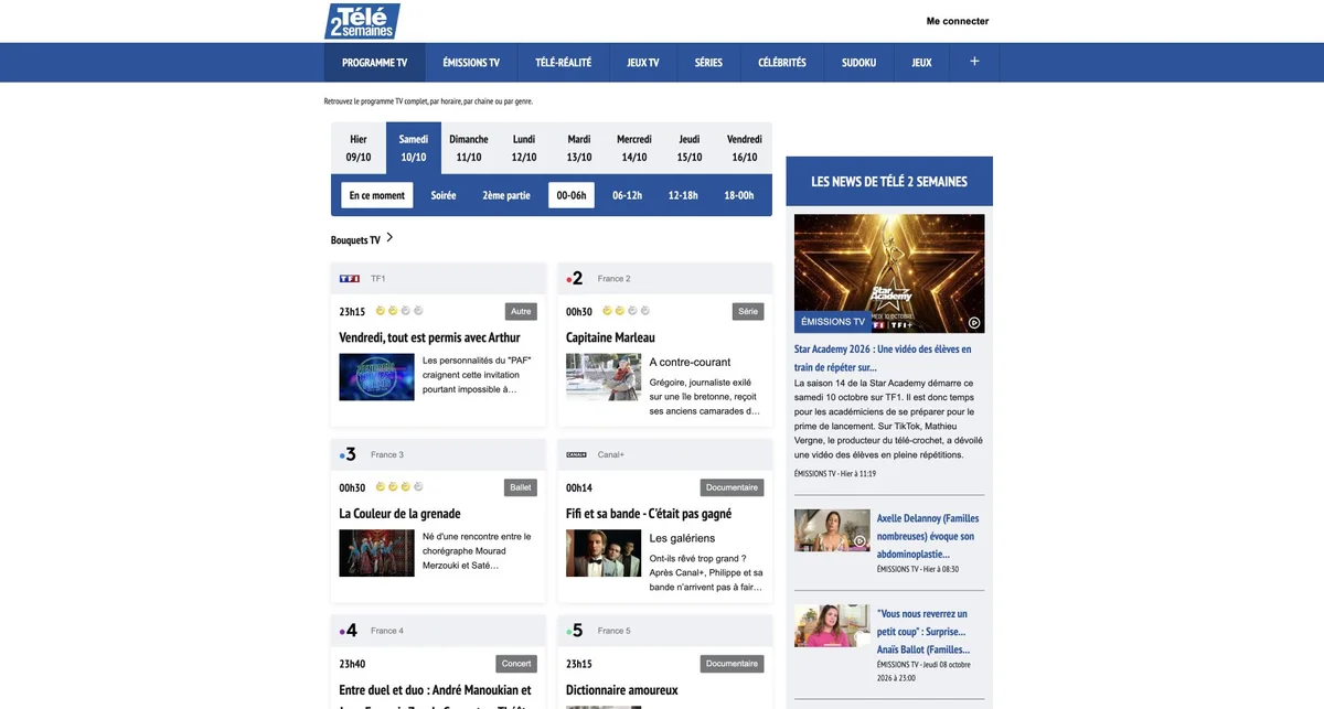Aperçu du site de Télé 2 Semaines