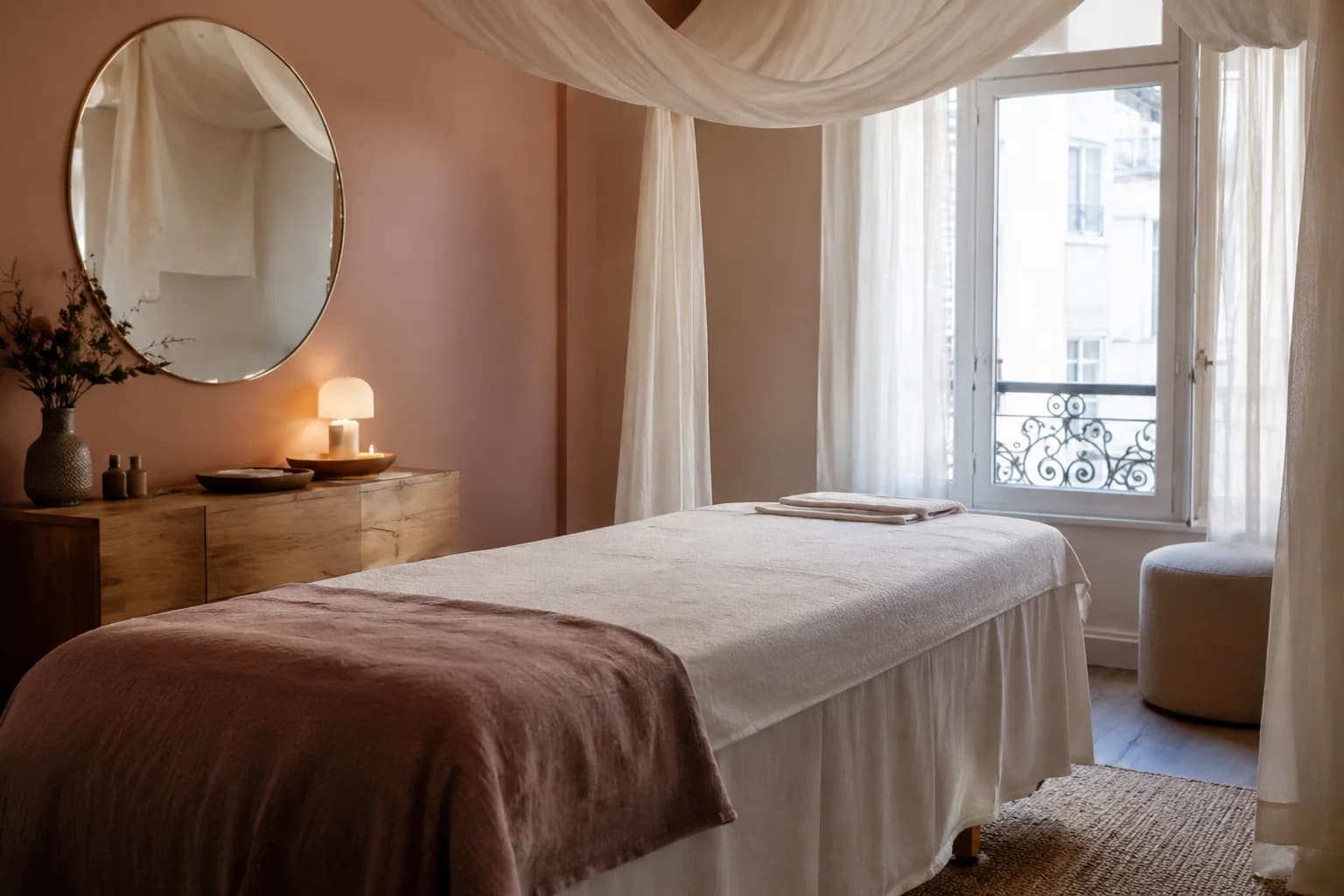 Cabine individuelle avec table de soin et lumière douce.