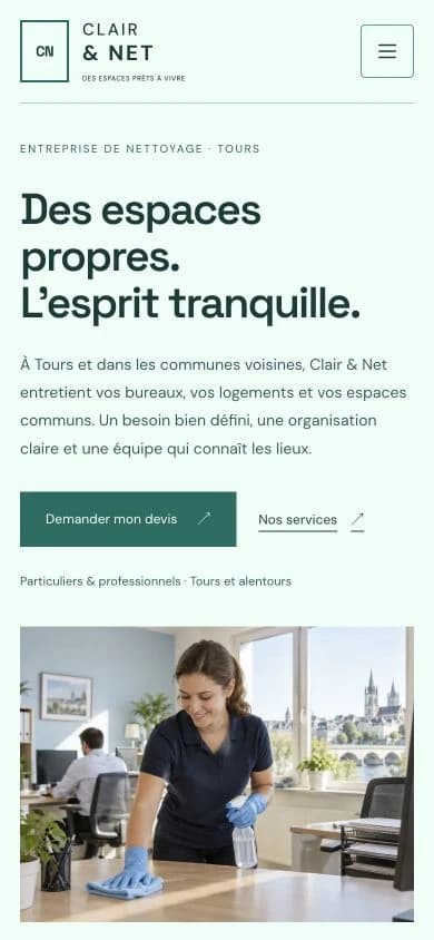 Version mobile du site Présence Clair & Net.
