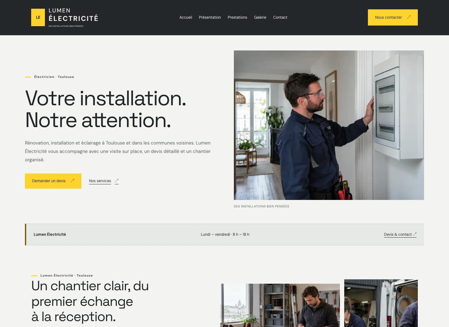 Capture du site Présence Lumen Électricité sur ordinateur.