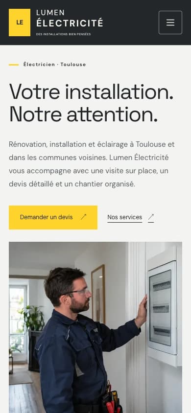 Version mobile du site Présence Lumen Électricité.