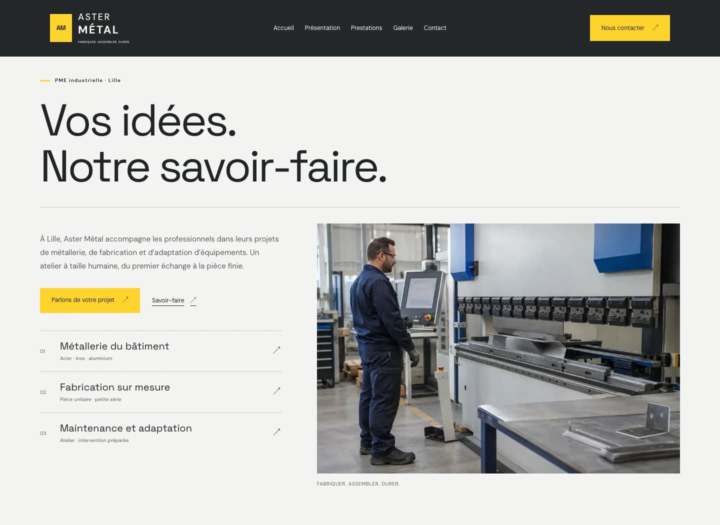 Capture du site Présence Aster Métal sur ordinateur.