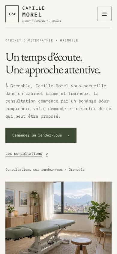 Version mobile du site Présence Camille Morel.