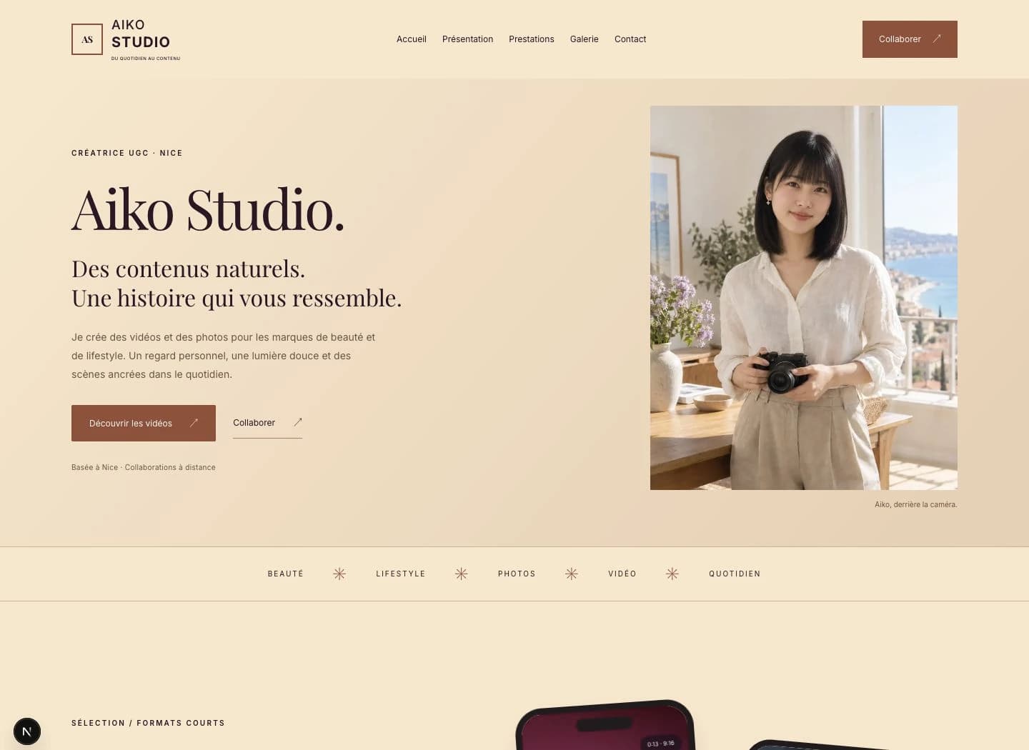 Capture du site Présence Aiko Studio sur ordinateur.