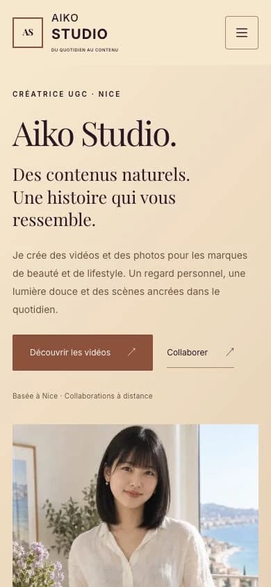 Version mobile du site Présence Aiko Studio.
