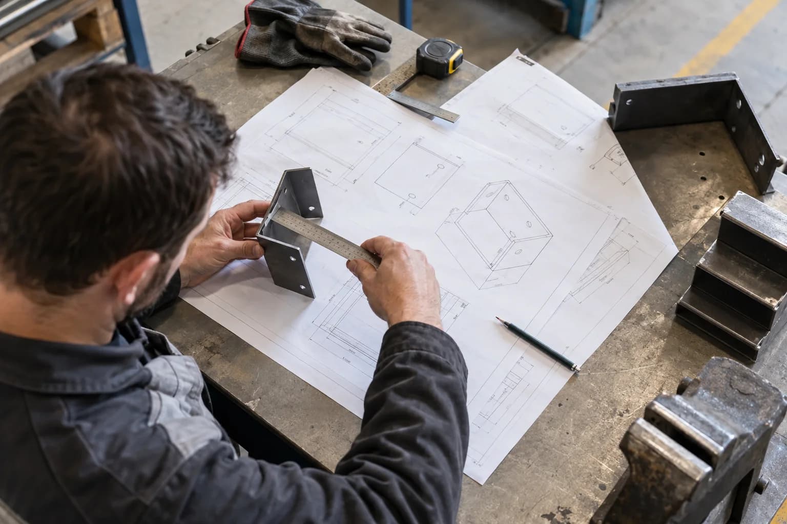 Préparation des dimensions et des plans d’un ouvrage sur une table d’étude.