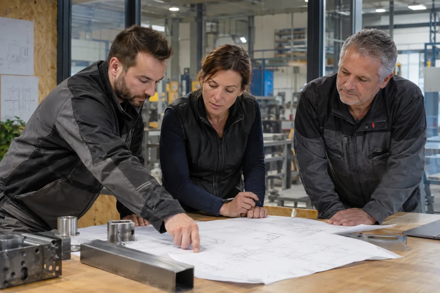 L’équipe échange autour des plans d’un ouvrage métallique.