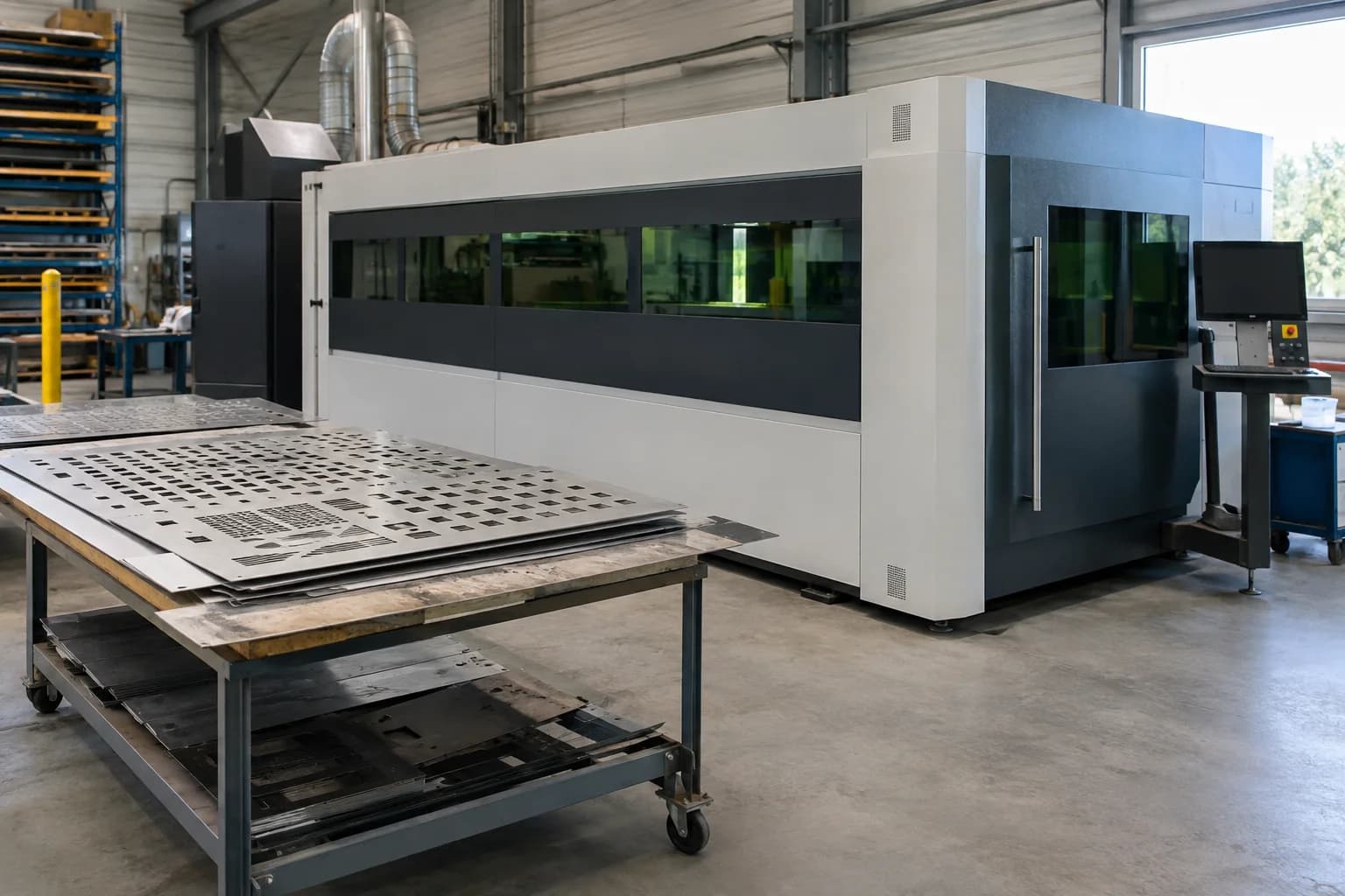 Machine de découpe laser fermée et pièces préparées sur un chariot.