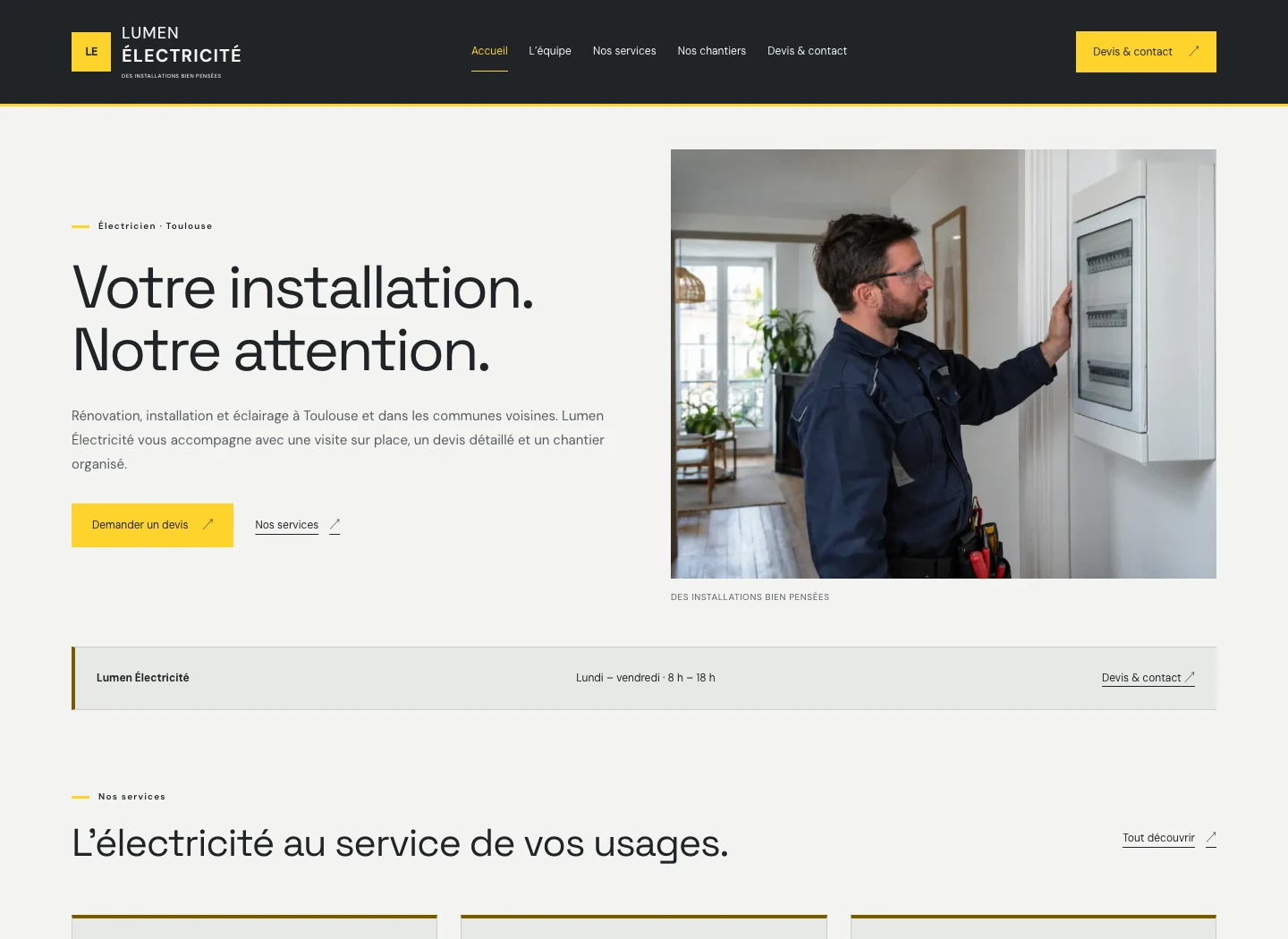 Capture du site Signature Lumen Électricité sur ordinateur.