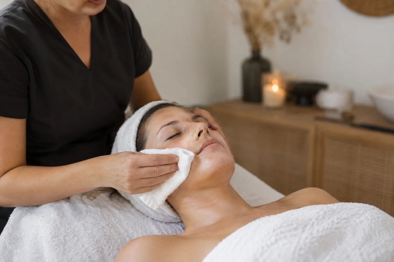 Un soin du visage réalisé dans une cabine calme.