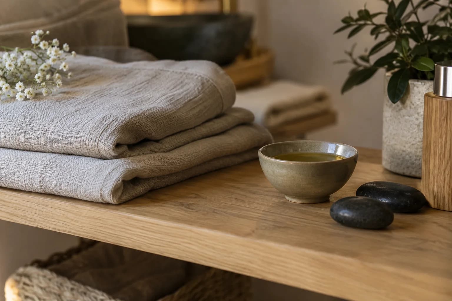 Linge et huiles préparés pour un rituel de détente.