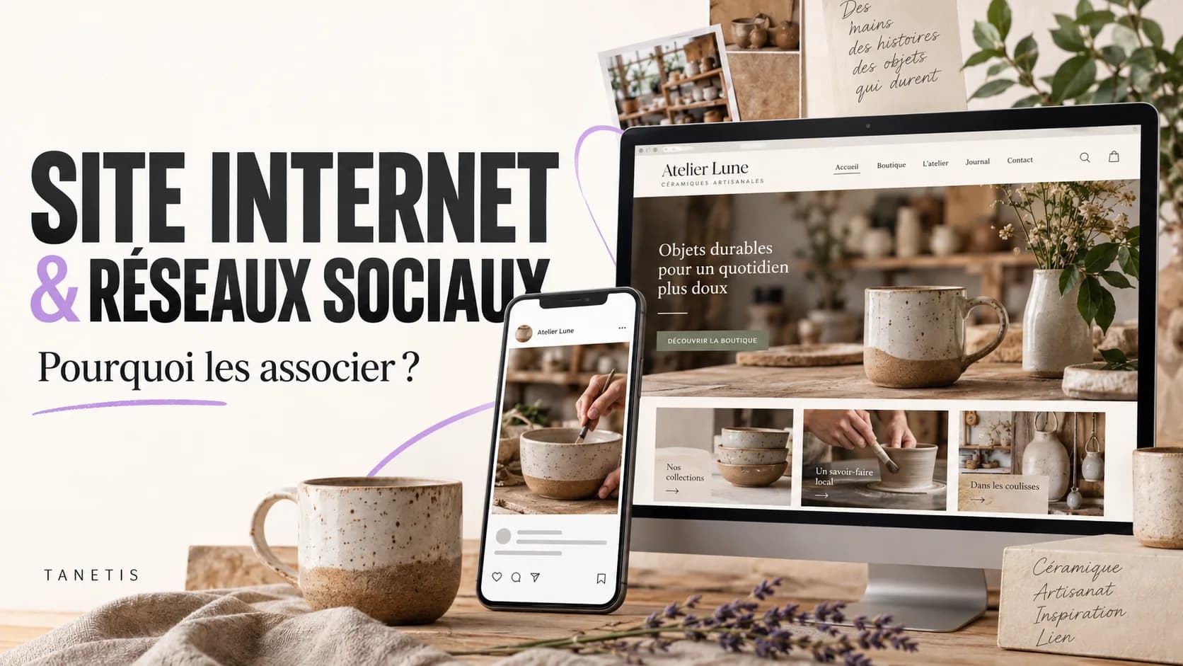 Site internet et réseaux sociaux : un site de céramiste sur ordinateur et ses publications sur mobile.