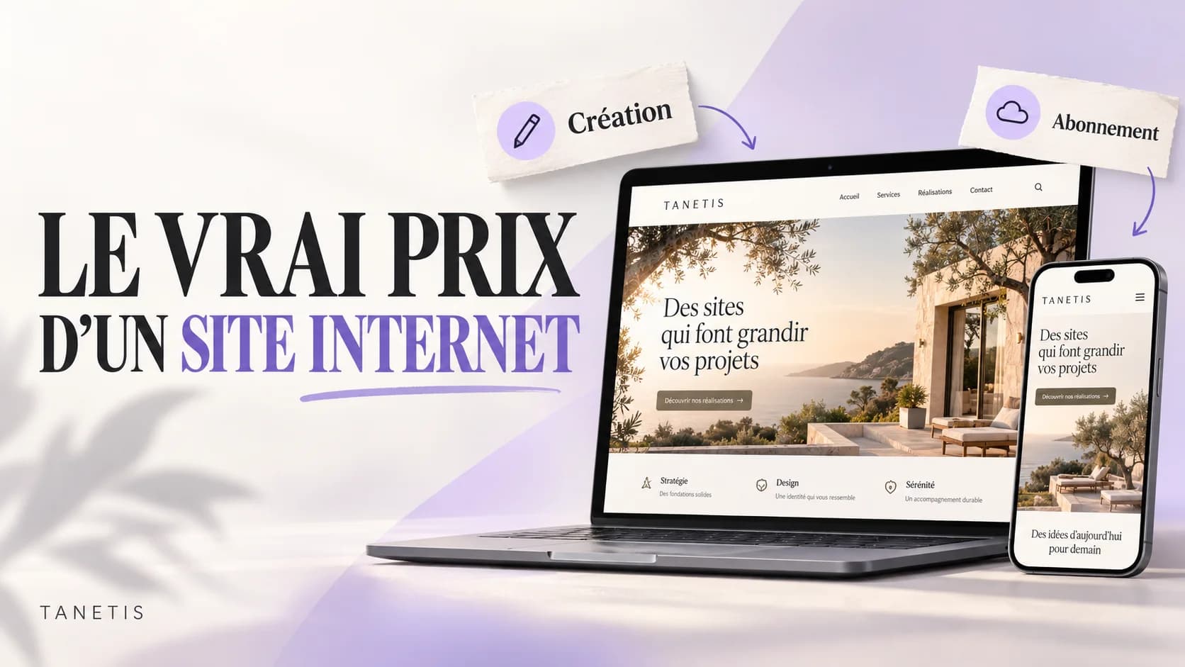 Le vrai prix d’un site internet : création et abonnement, avec un aperçu desktop et mobile.