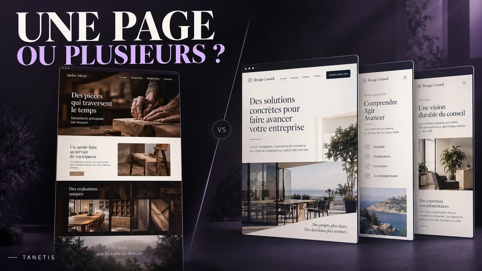 Une page ou plusieurs ? Comparaison visuelle d’un site en une page et d’un site composé de plusieurs pages.
