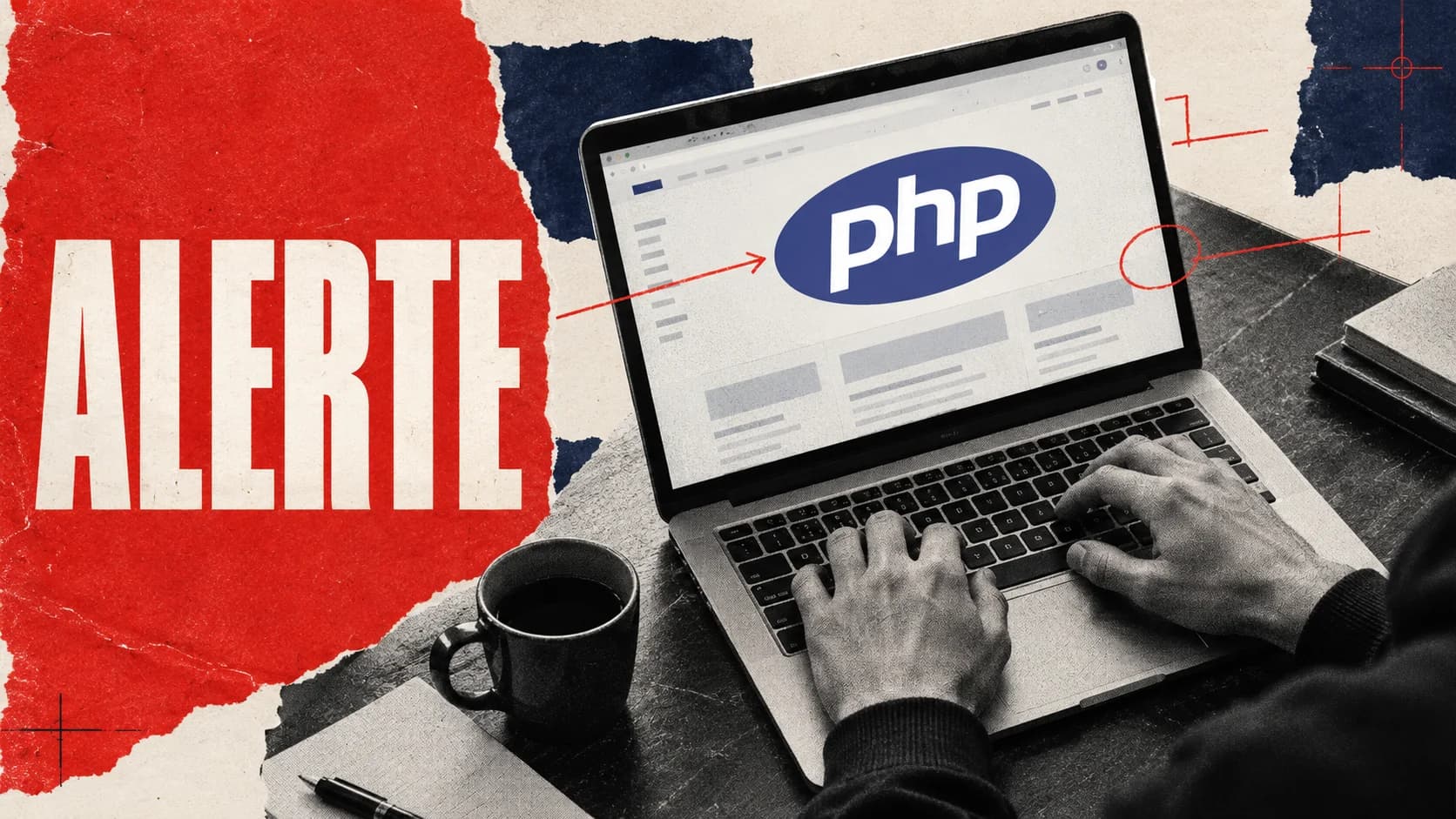 Illustration en collage: mains sur un ordinateur affichant PHP, avec un bandeau rouge « ALERTE ».