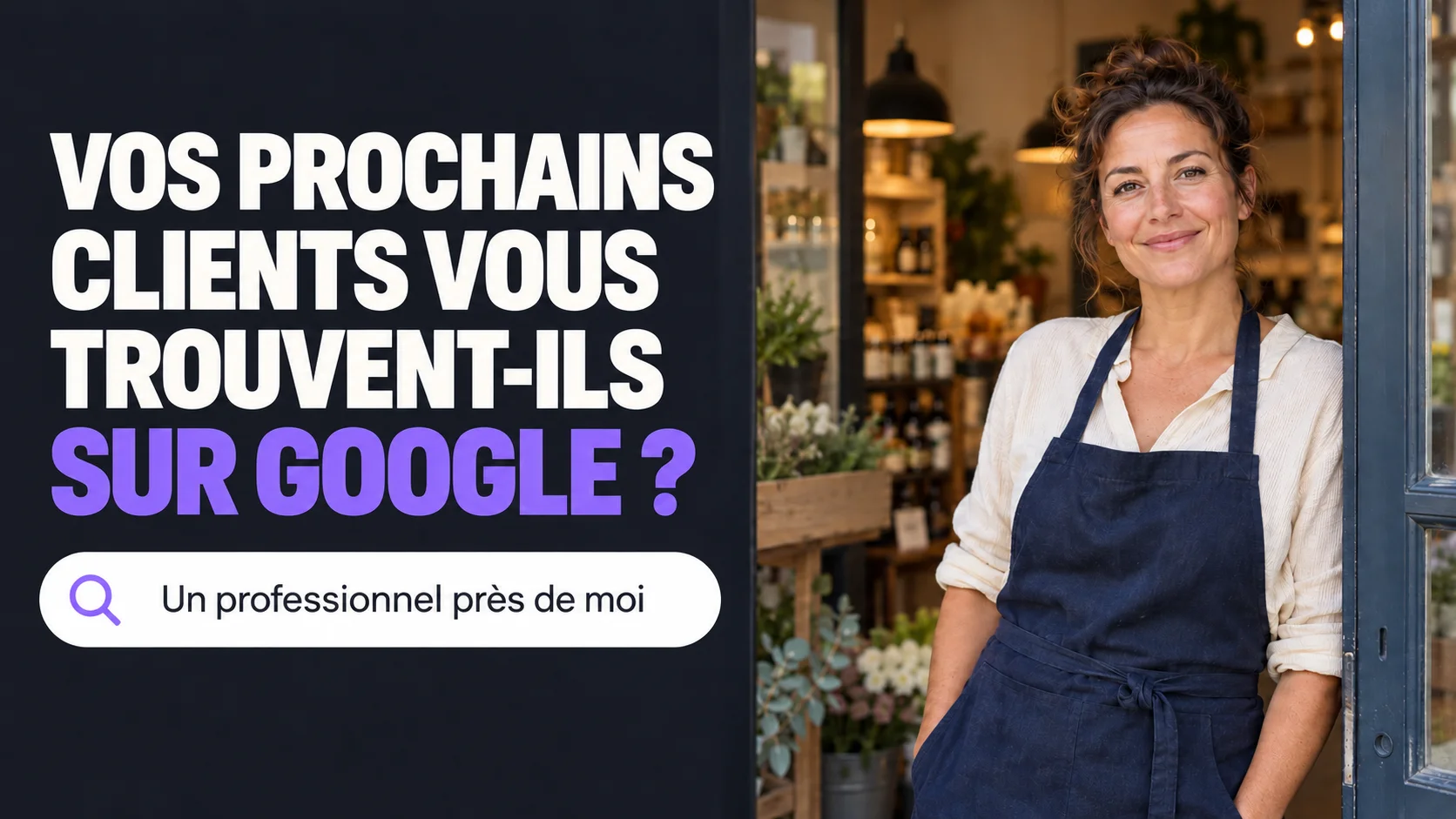 Une commerçante devant sa boutique, avec la question « Vos prochains clients vous trouvent-ils sur Google ? ».